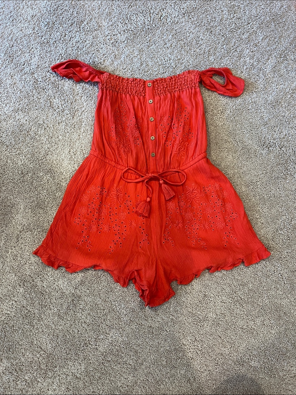 American Eagle Outfitters Orange Off-Shoulder Eyelet Romper